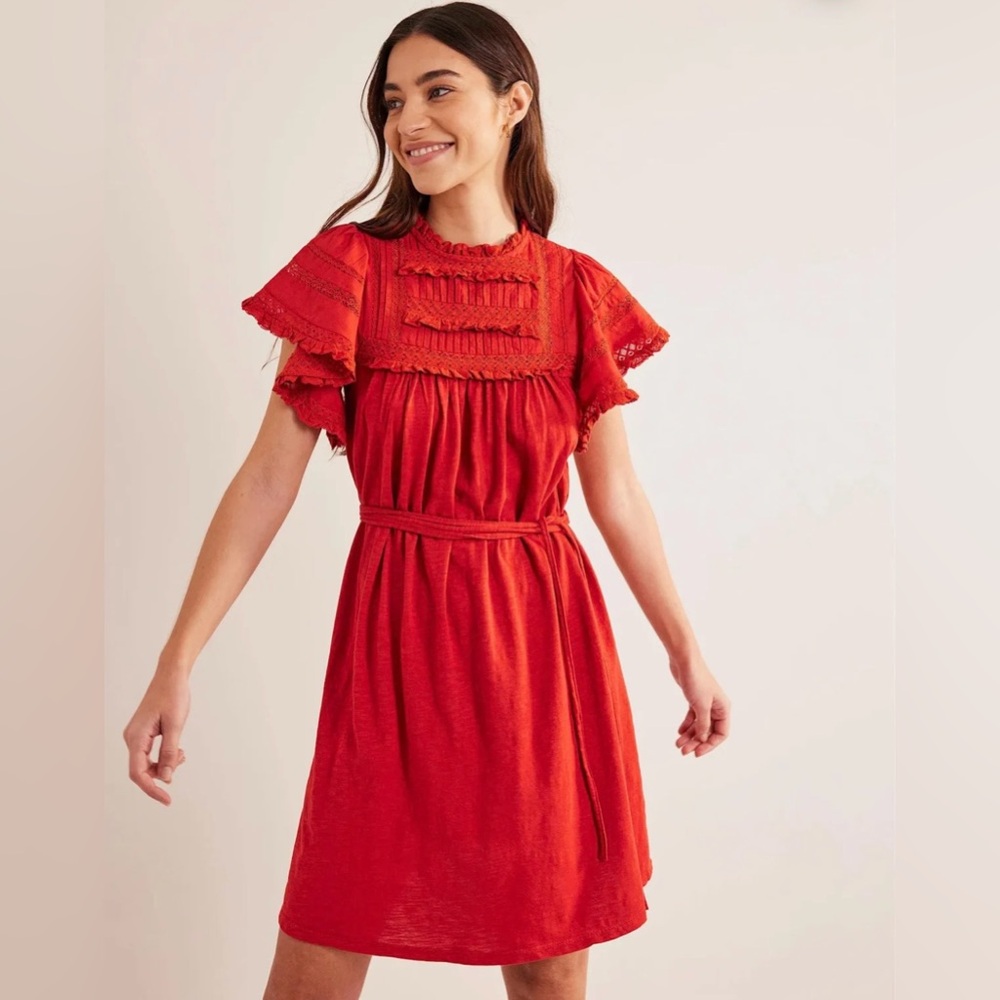Boden Red Orange Lace-Trim Short Sleeve Jersey Mini Dress
